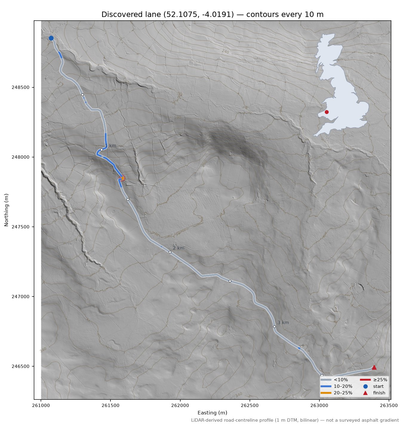 Discovered lane (52.1075, -4.0191) LiDAR hillshade map with contours