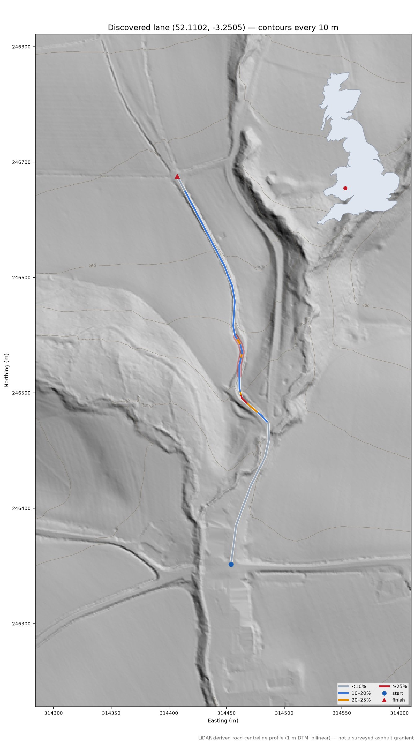 Discovered lane (52.1102, -3.2505) LiDAR hillshade map with contours