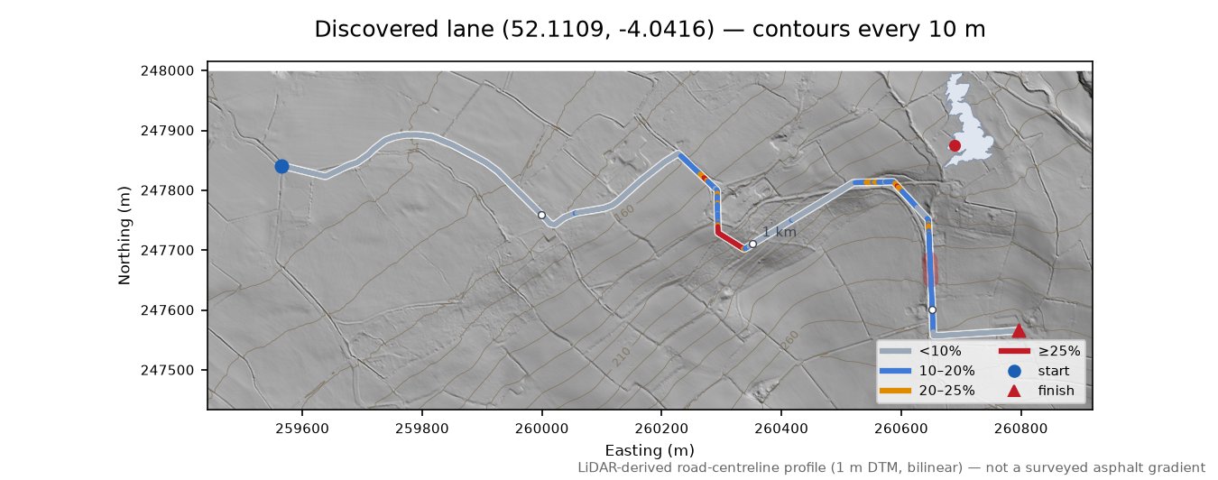 Discovered lane (52.1109, -4.0416) LiDAR hillshade map with contours