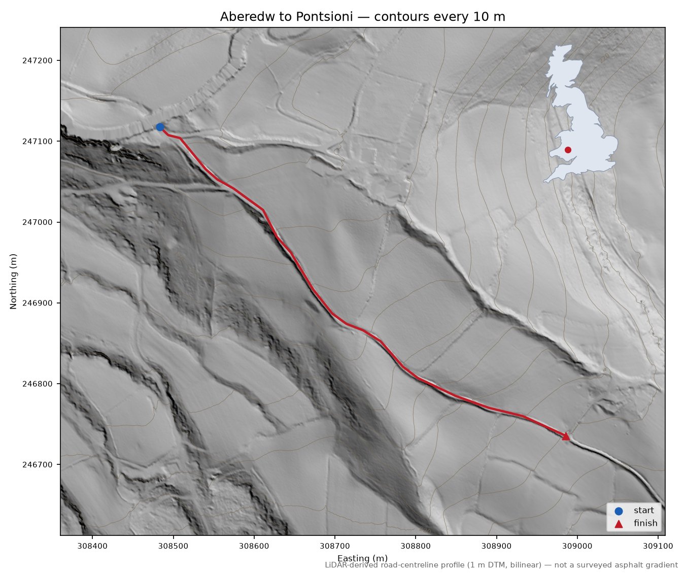 Aberedw to Pontsioni LiDAR hillshade map with contours