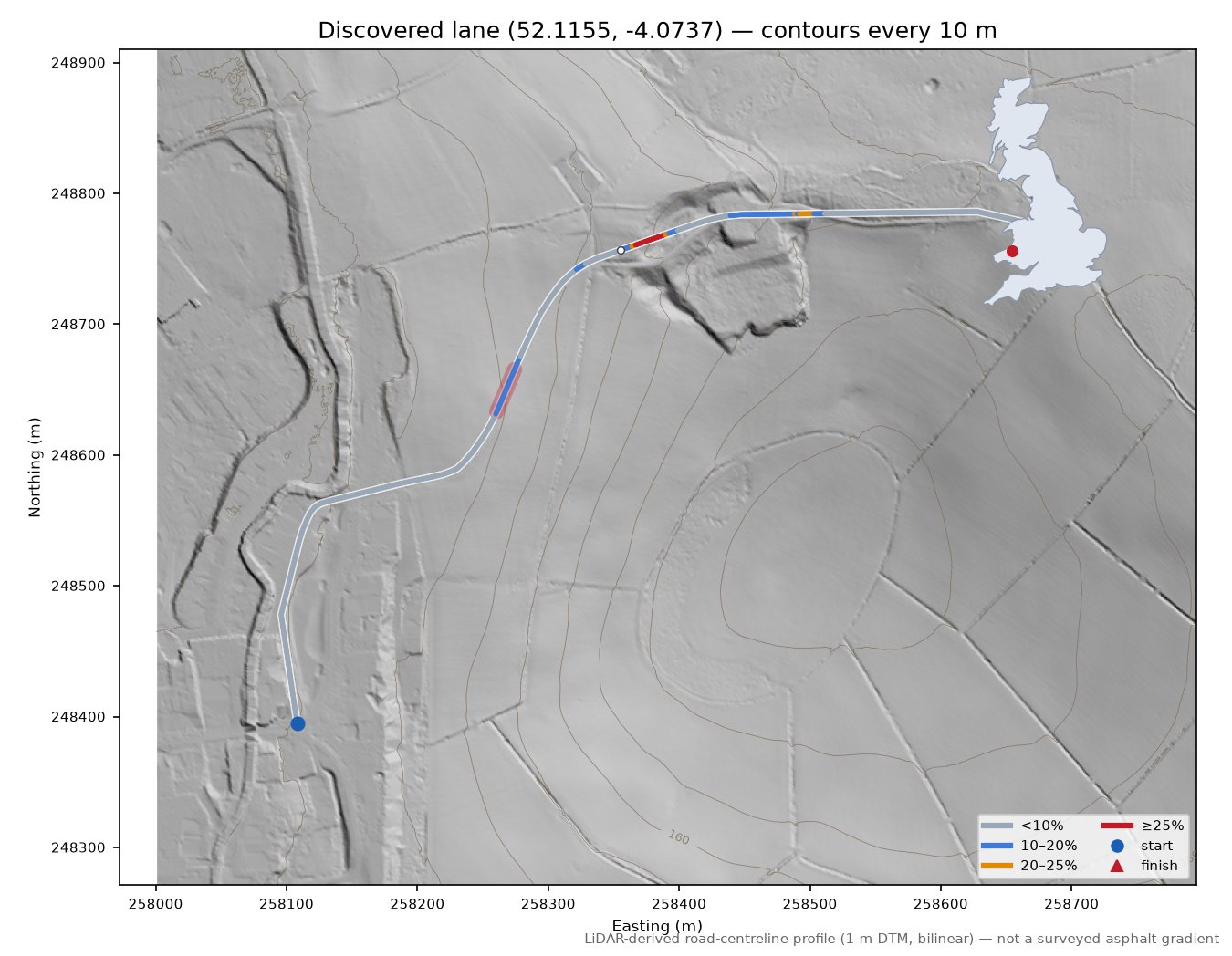 Discovered lane (52.1155, -4.0737) LiDAR hillshade map with contours