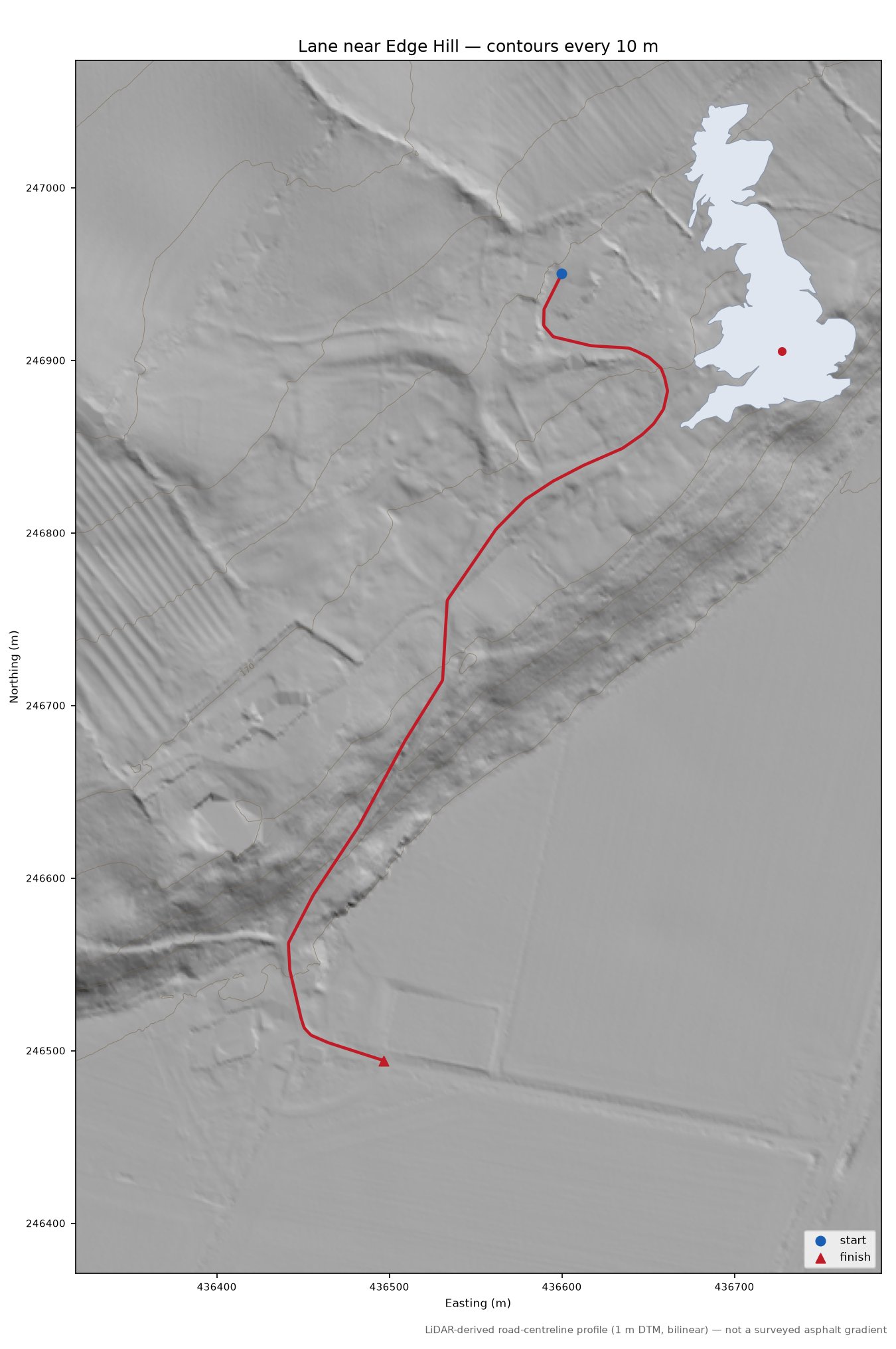 Lane near Edge Hill LiDAR hillshade map with contours