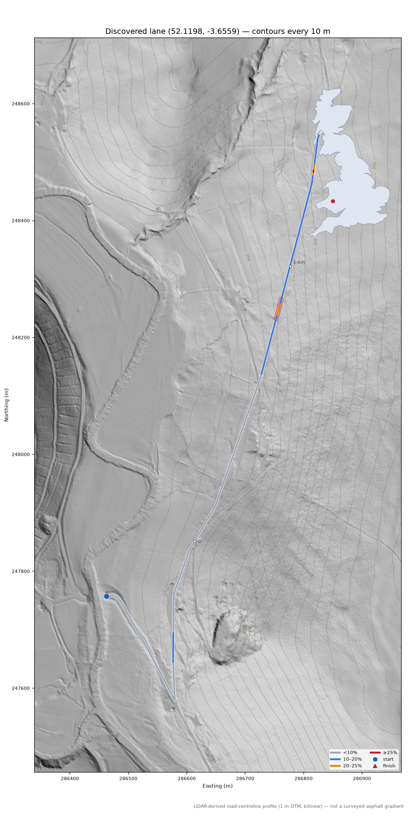 Discovered lane (52.1198, -3.6559) LiDAR hillshade map with contours