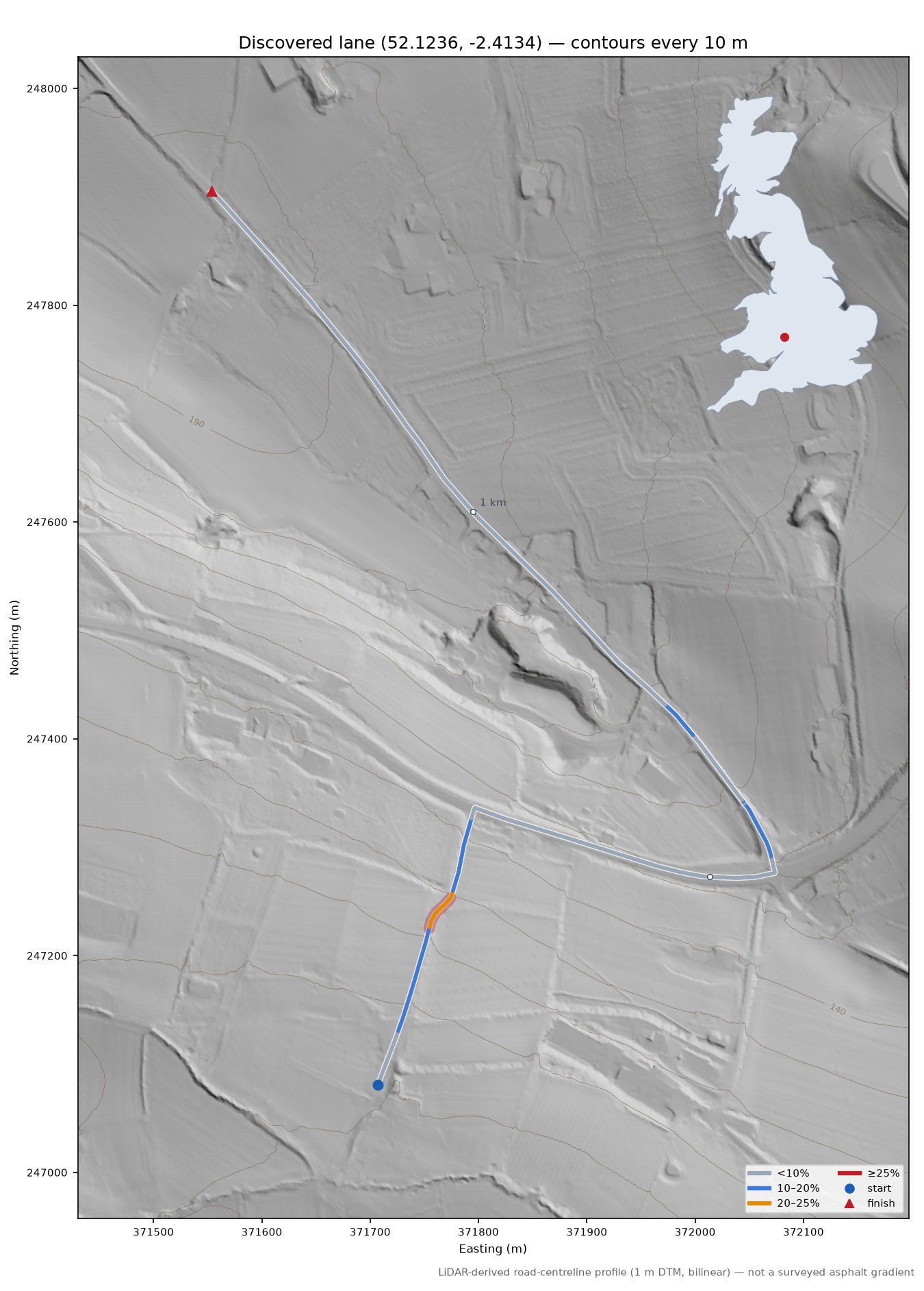 Discovered lane (52.1236, -2.4134) LiDAR hillshade map with contours