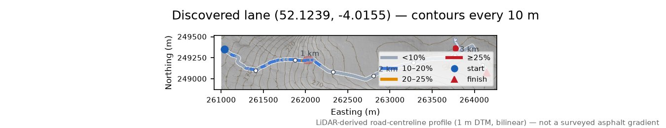Discovered lane (52.1239, -4.0155) LiDAR hillshade map with contours