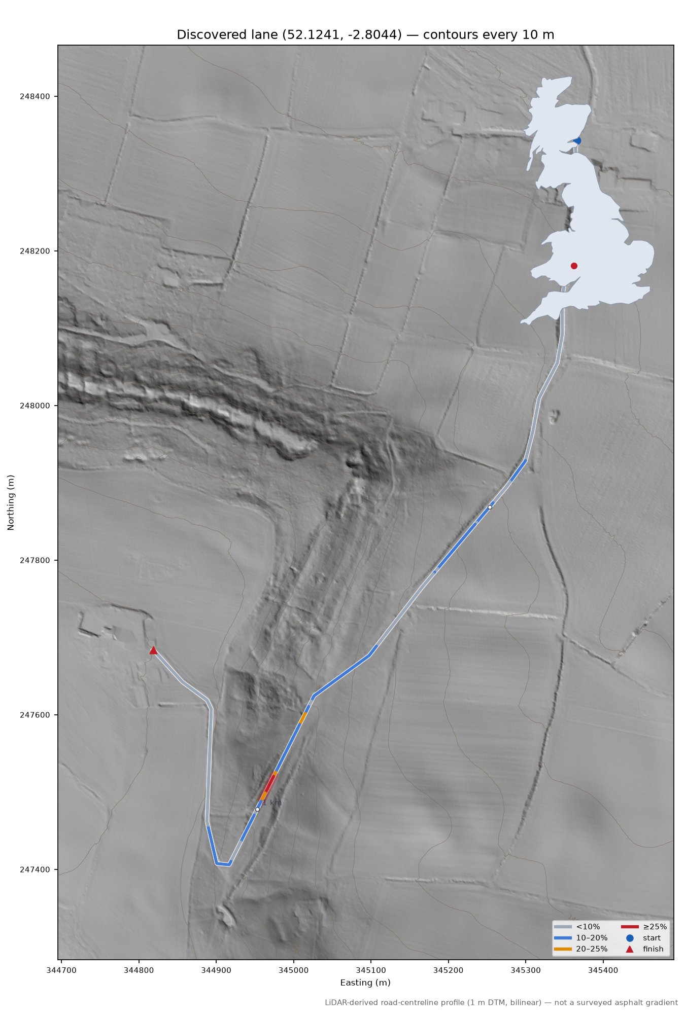 Discovered lane (52.1241, -2.8044) LiDAR hillshade map with contours