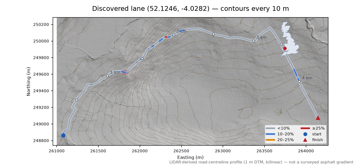 Discovered lane (52.1246, -4.0282) LiDAR hillshade map with contours