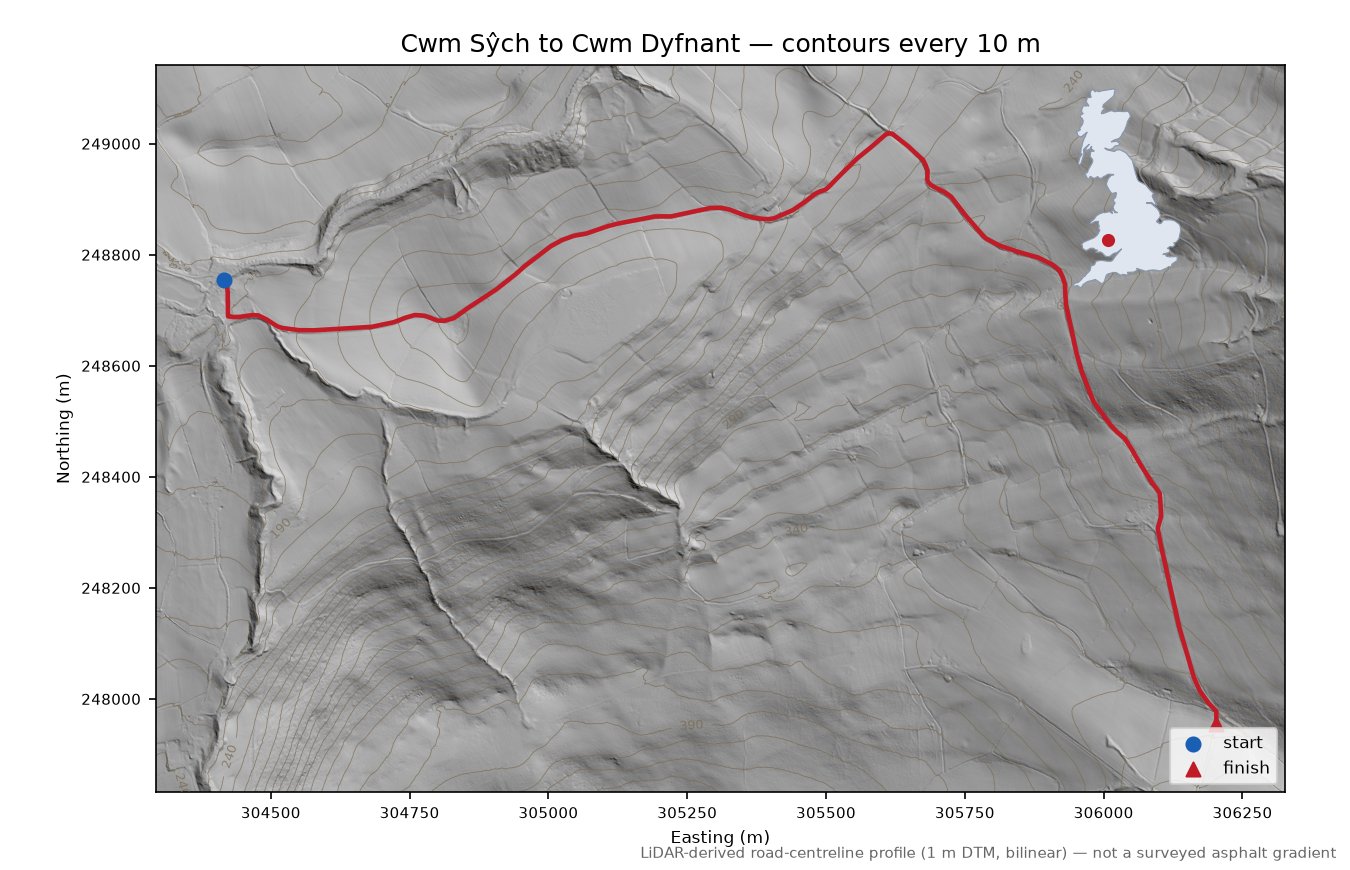 Cwm Sŷch to Cwm Dyfnant LiDAR hillshade map with contours