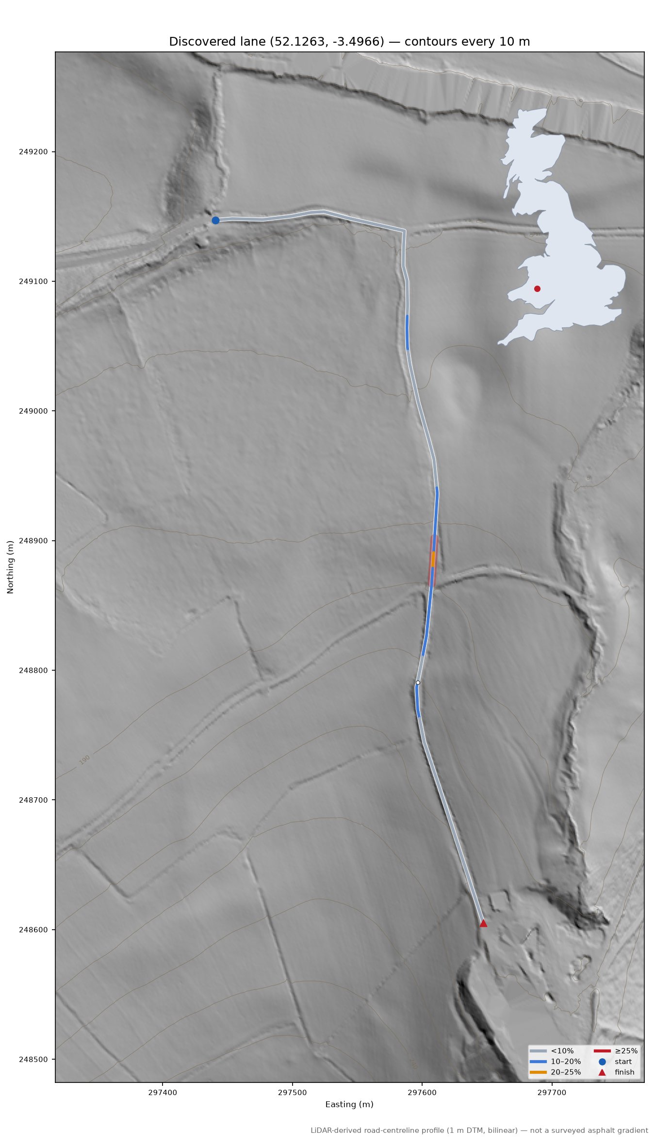 Discovered lane (52.1263, -3.4966) LiDAR hillshade map with contours