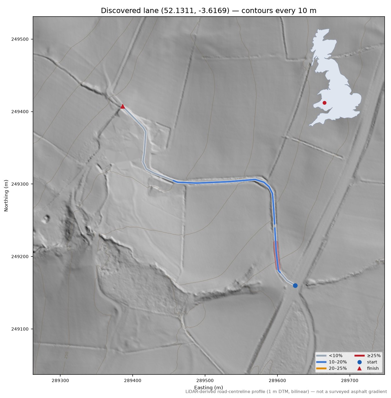 Discovered lane (52.1311, -3.6169) LiDAR hillshade map with contours