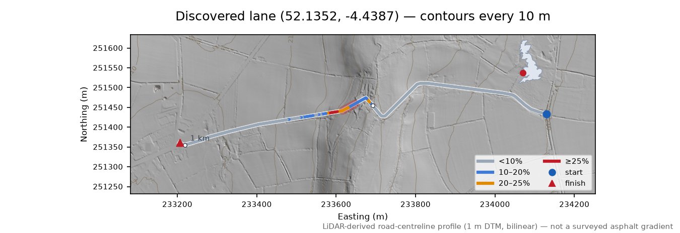 Discovered lane (52.1352, -4.4387) LiDAR hillshade map with contours