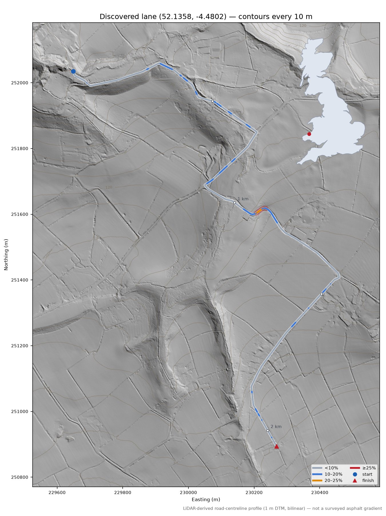 Discovered lane (52.1358, -4.4802) LiDAR hillshade map with contours