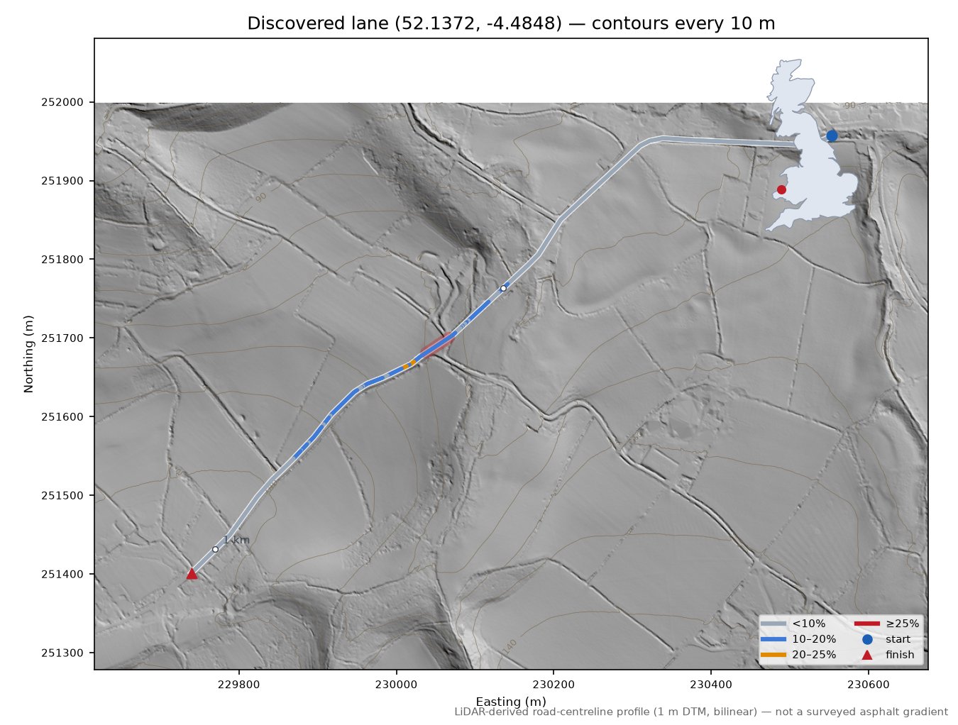 Discovered lane (52.1372, -4.4848) LiDAR hillshade map with contours
