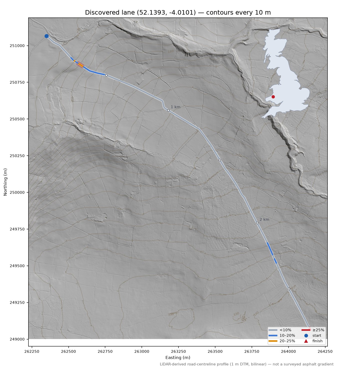 Discovered lane (52.1393, -4.0101) LiDAR hillshade map with contours
