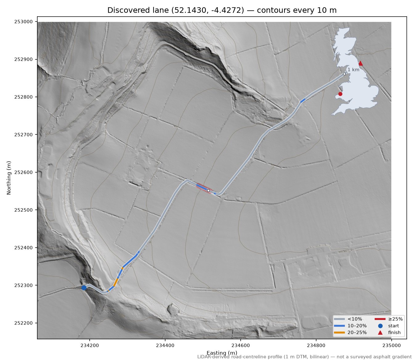 Discovered lane (52.1430, -4.4272) LiDAR hillshade map with contours