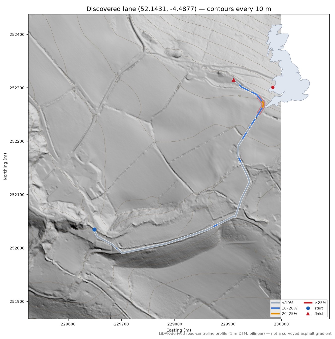 Discovered lane (52.1431, -4.4877) LiDAR hillshade map with contours