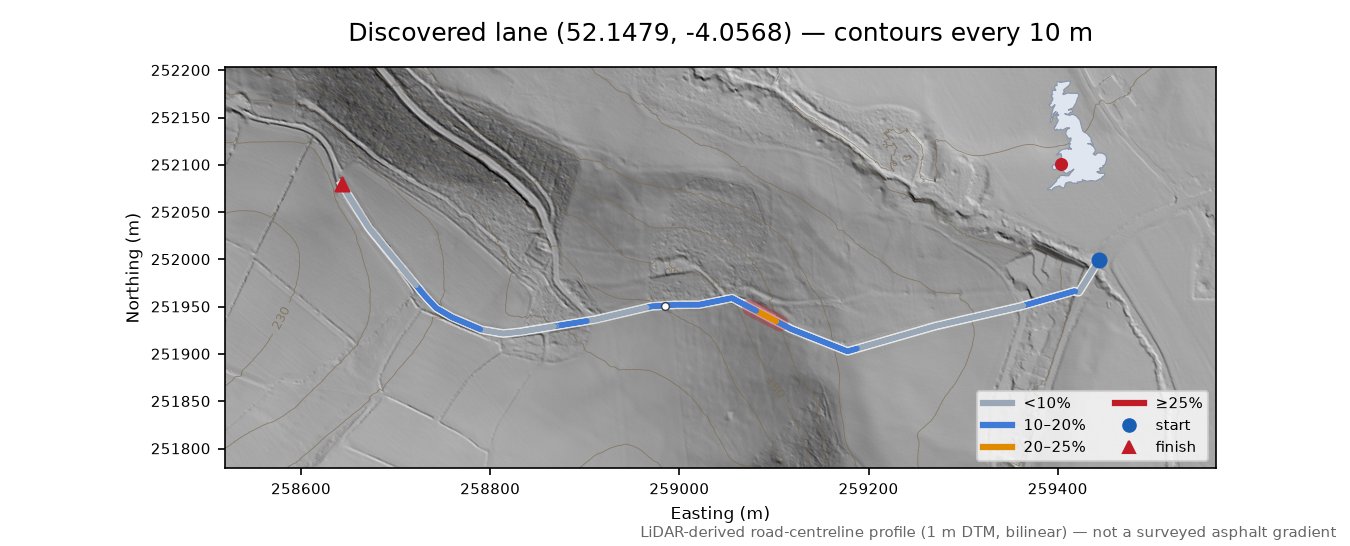 Discovered lane (52.1479, -4.0568) LiDAR hillshade map with contours