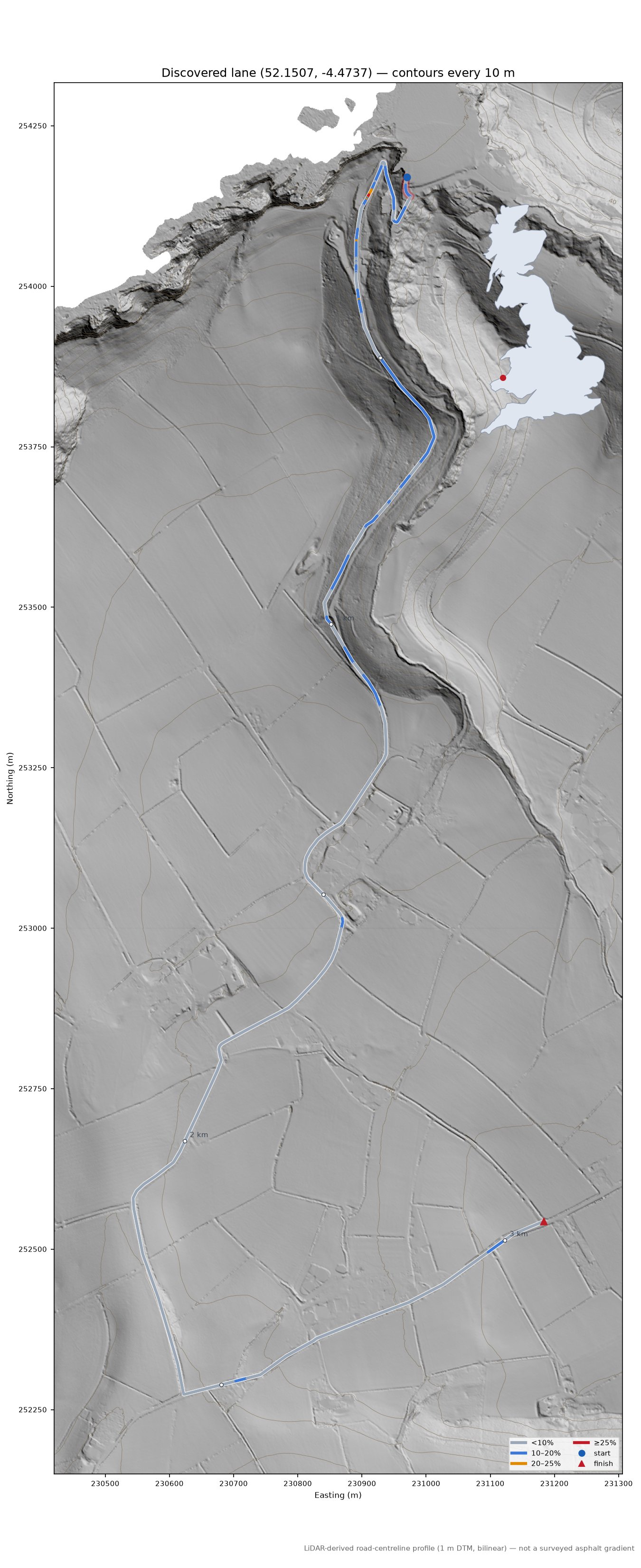 Discovered lane (52.1507, -4.4737) LiDAR hillshade map with contours
