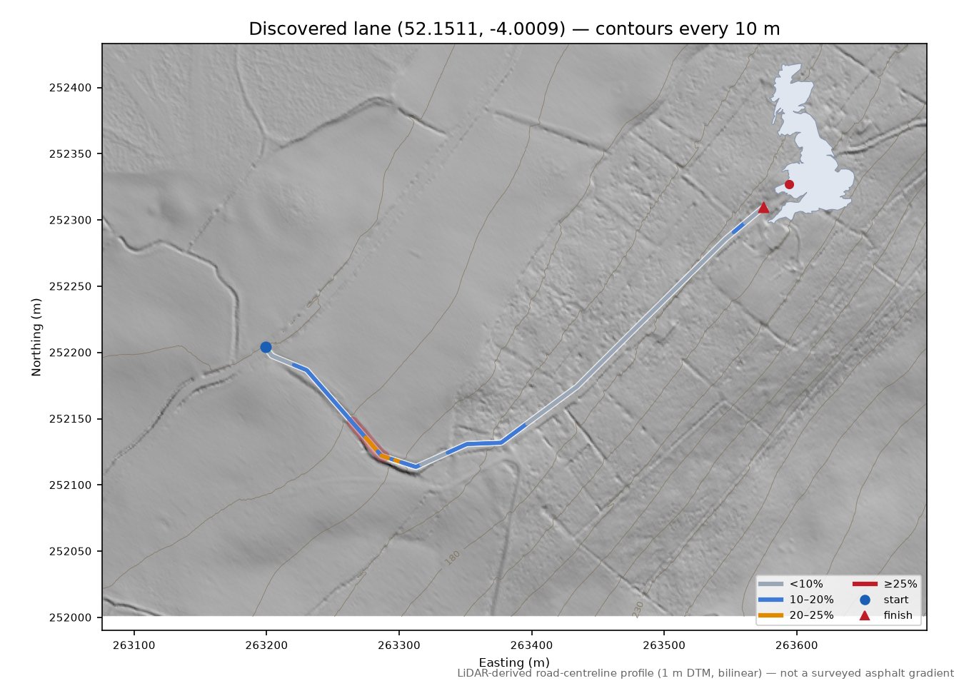 Discovered lane (52.1511, -4.0009) LiDAR hillshade map with contours