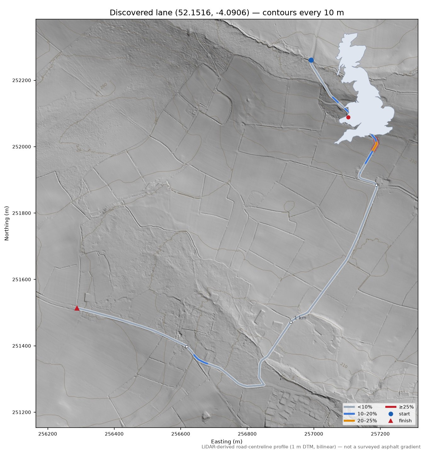 Discovered lane (52.1516, -4.0906) LiDAR hillshade map with contours