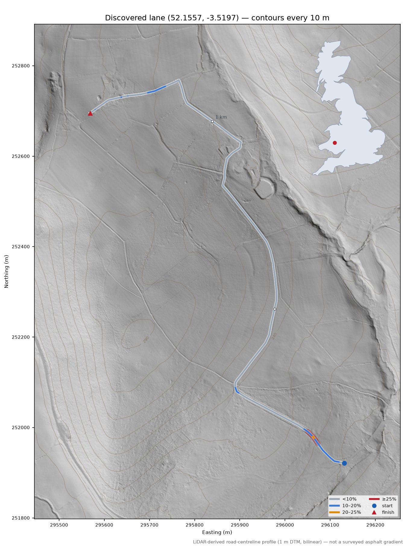 Discovered lane (52.1557, -3.5197) LiDAR hillshade map with contours