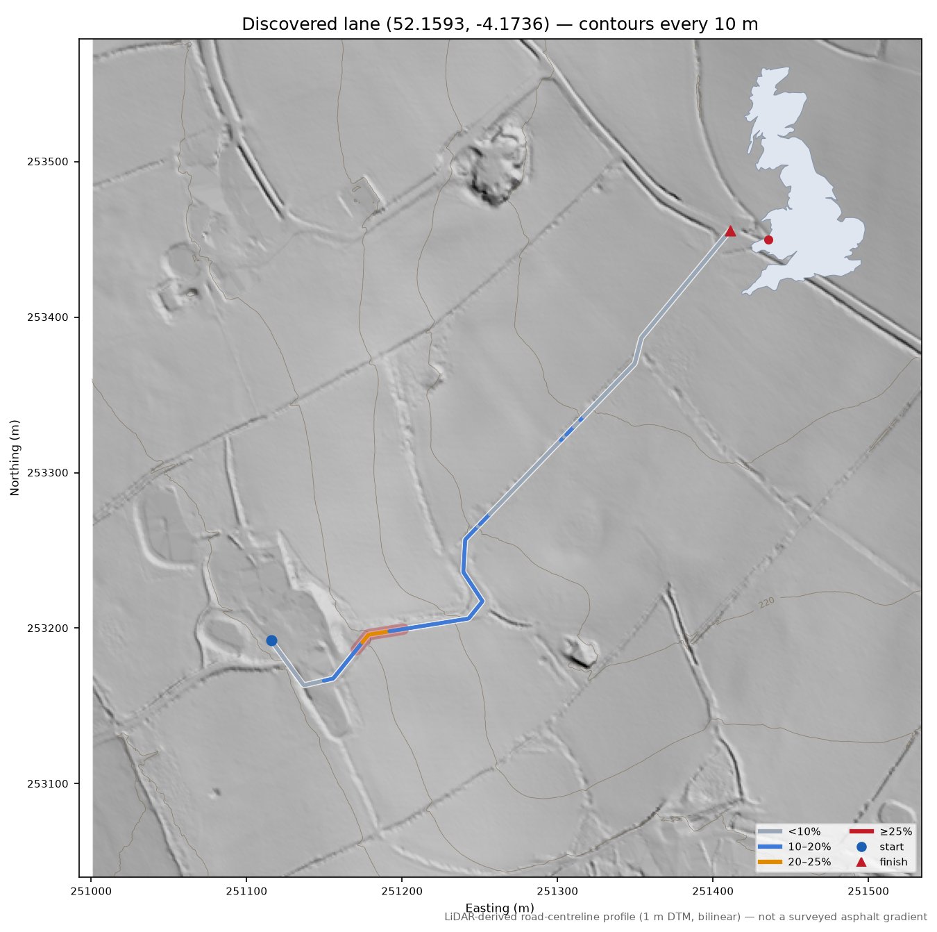 Discovered lane (52.1593, -4.1736) LiDAR hillshade map with contours