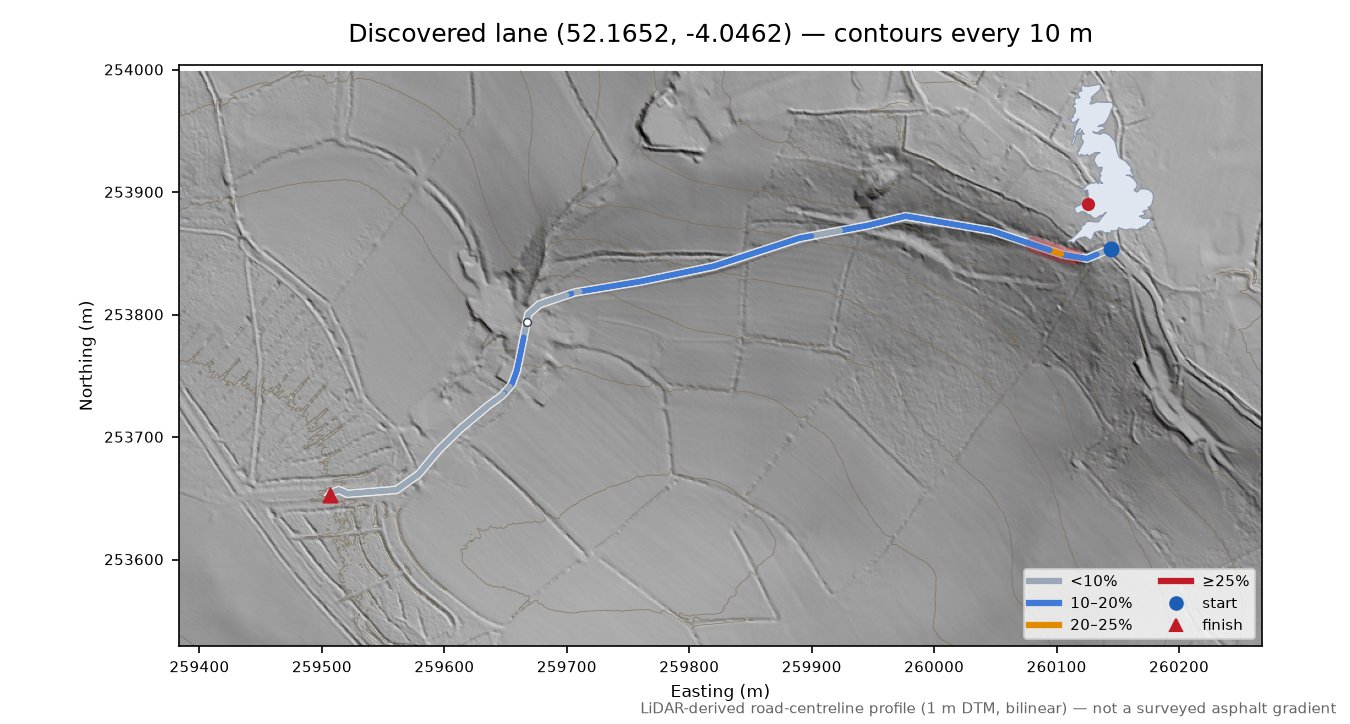 Discovered lane (52.1652, -4.0462) LiDAR hillshade map with contours