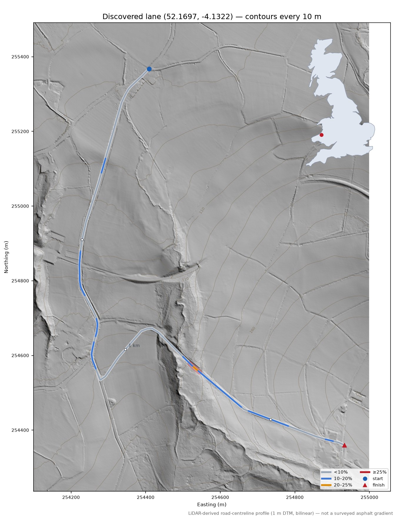 Discovered lane (52.1697, -4.1322) LiDAR hillshade map with contours