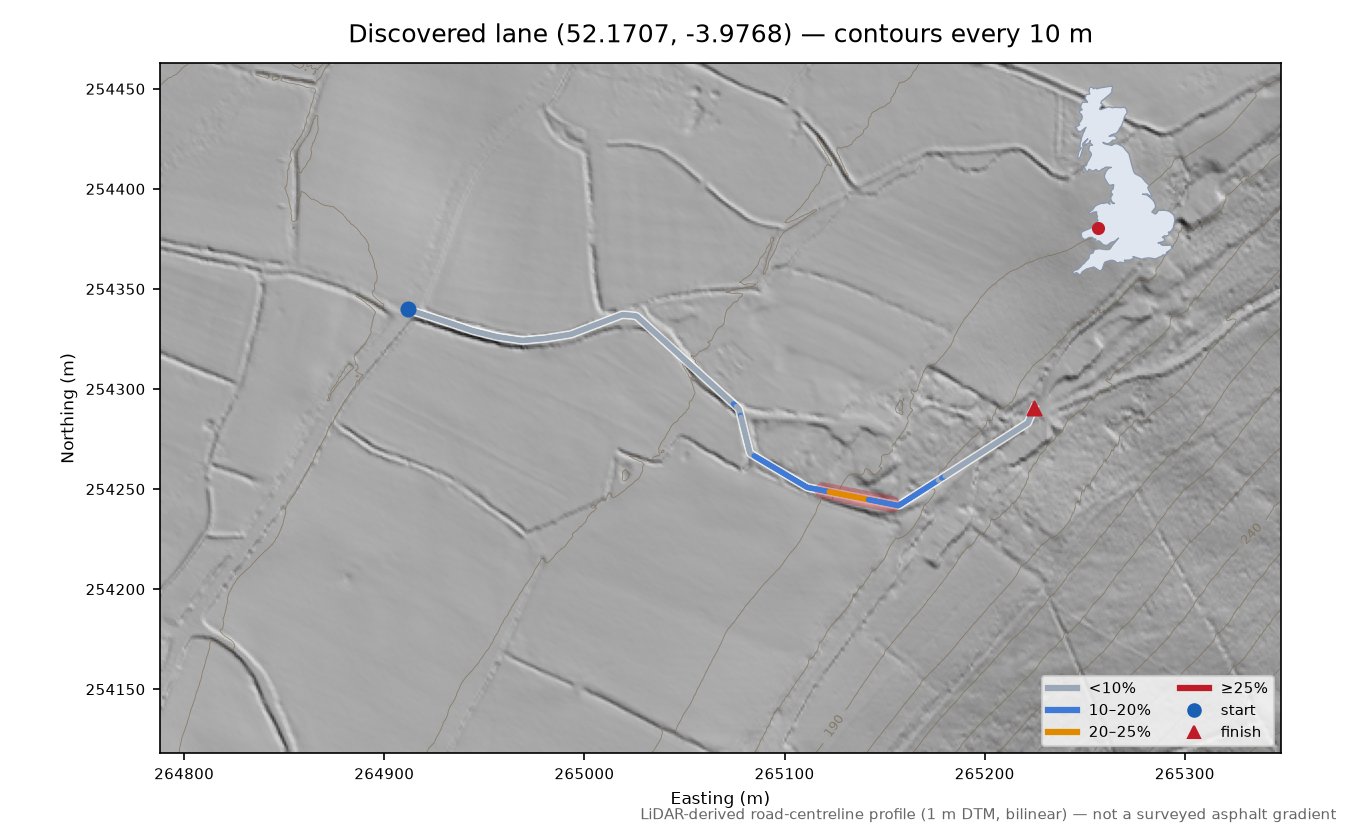 Discovered lane (52.1707, -3.9768) LiDAR hillshade map with contours