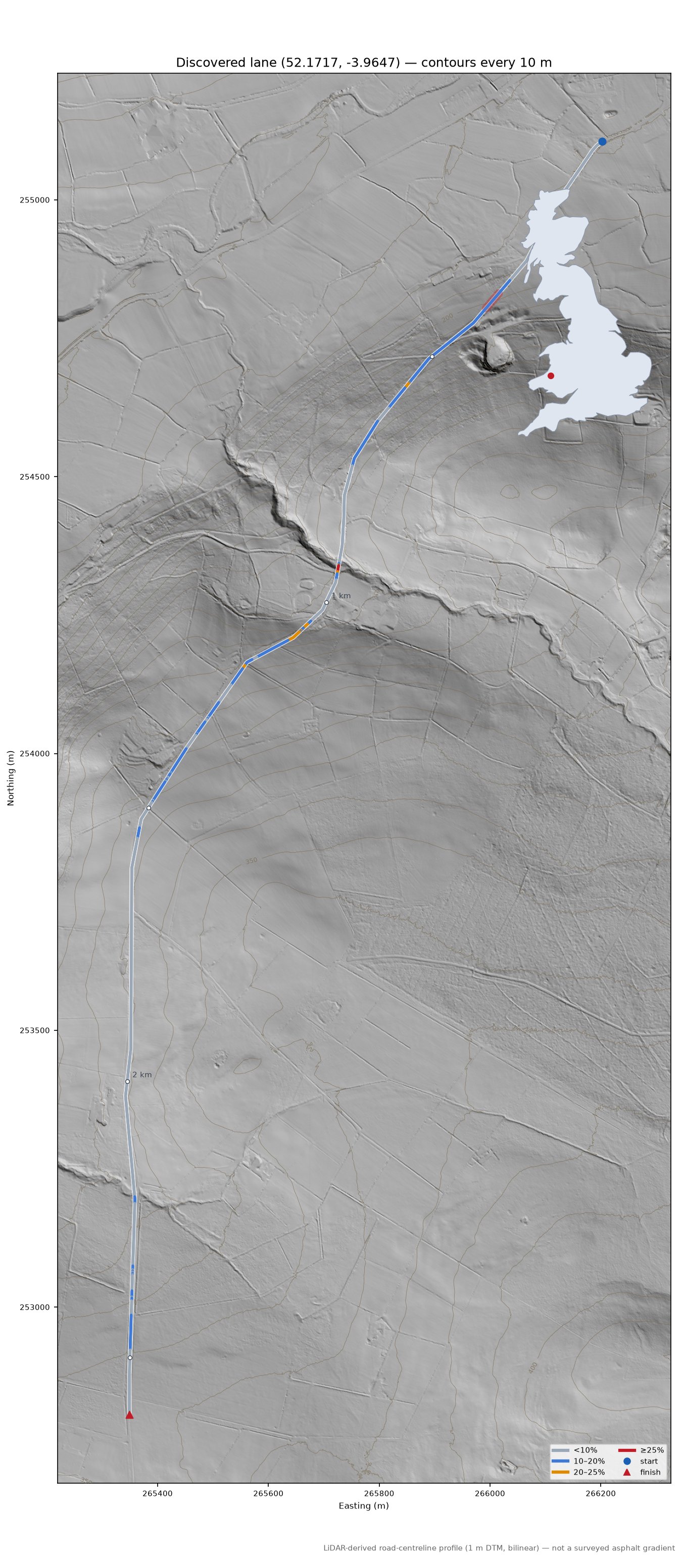 Discovered lane (52.1717, -3.9647) LiDAR hillshade map with contours
