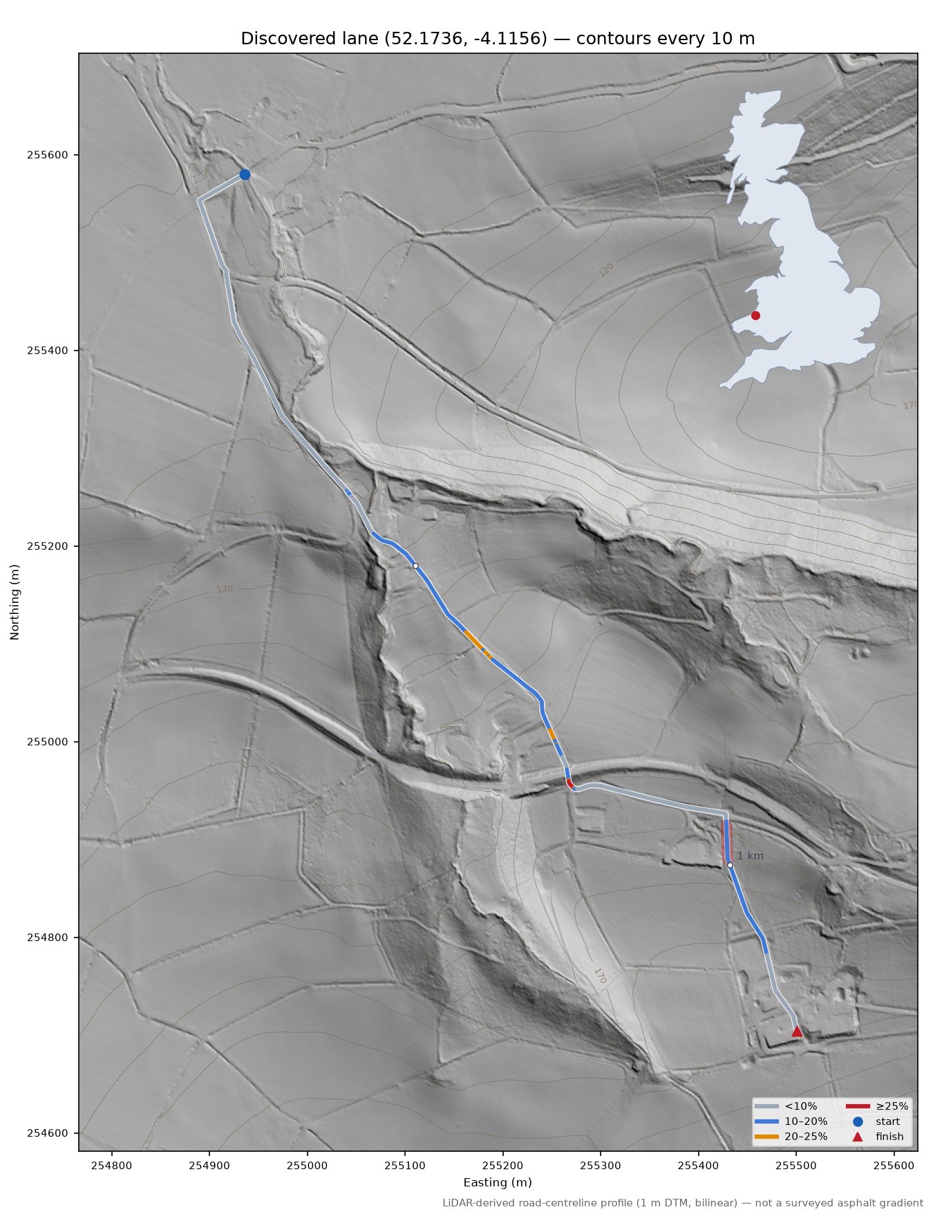 Discovered lane (52.1736, -4.1156) LiDAR hillshade map with contours