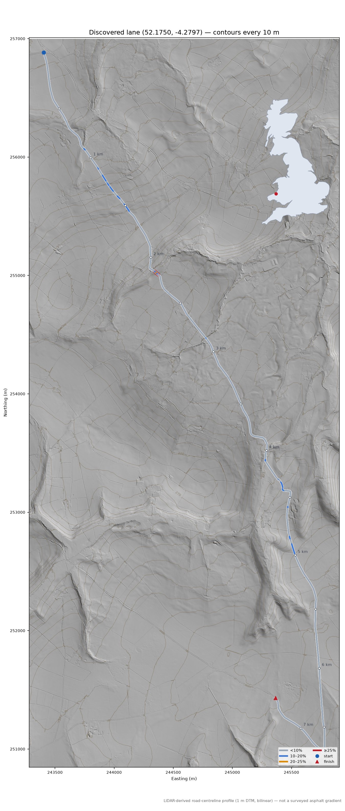 Discovered lane (52.1750, -4.2797) LiDAR hillshade map with contours