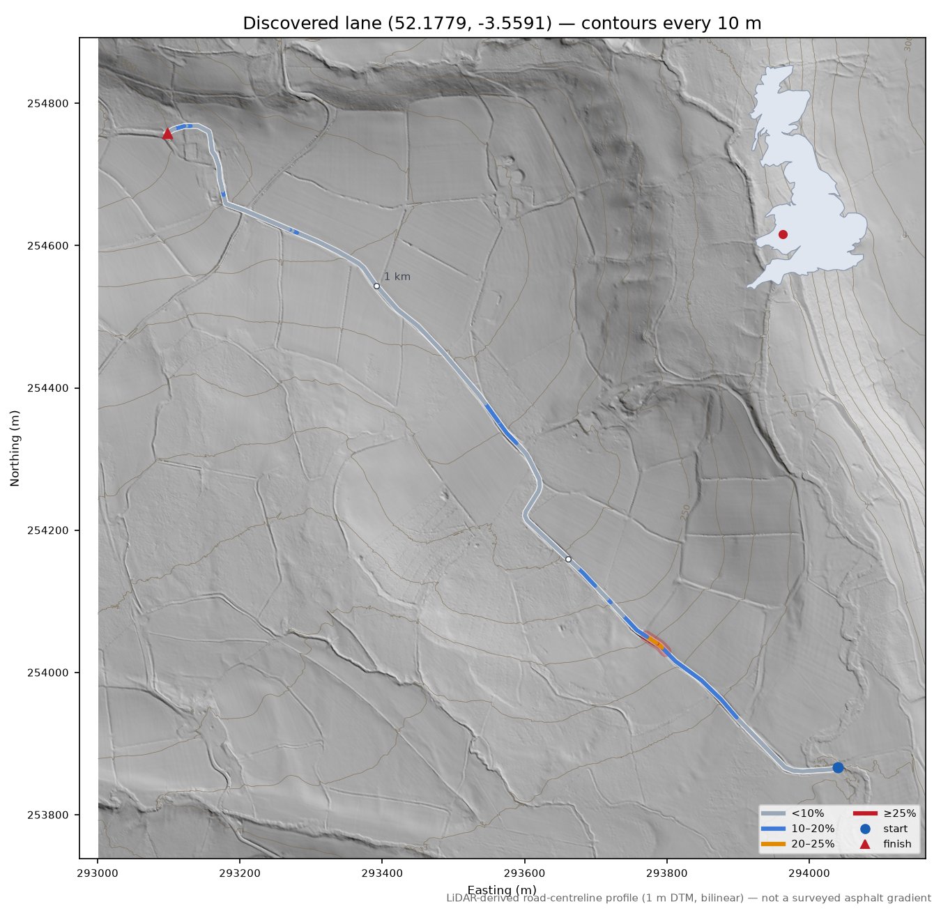 Discovered lane (52.1779, -3.5591) LiDAR hillshade map with contours
