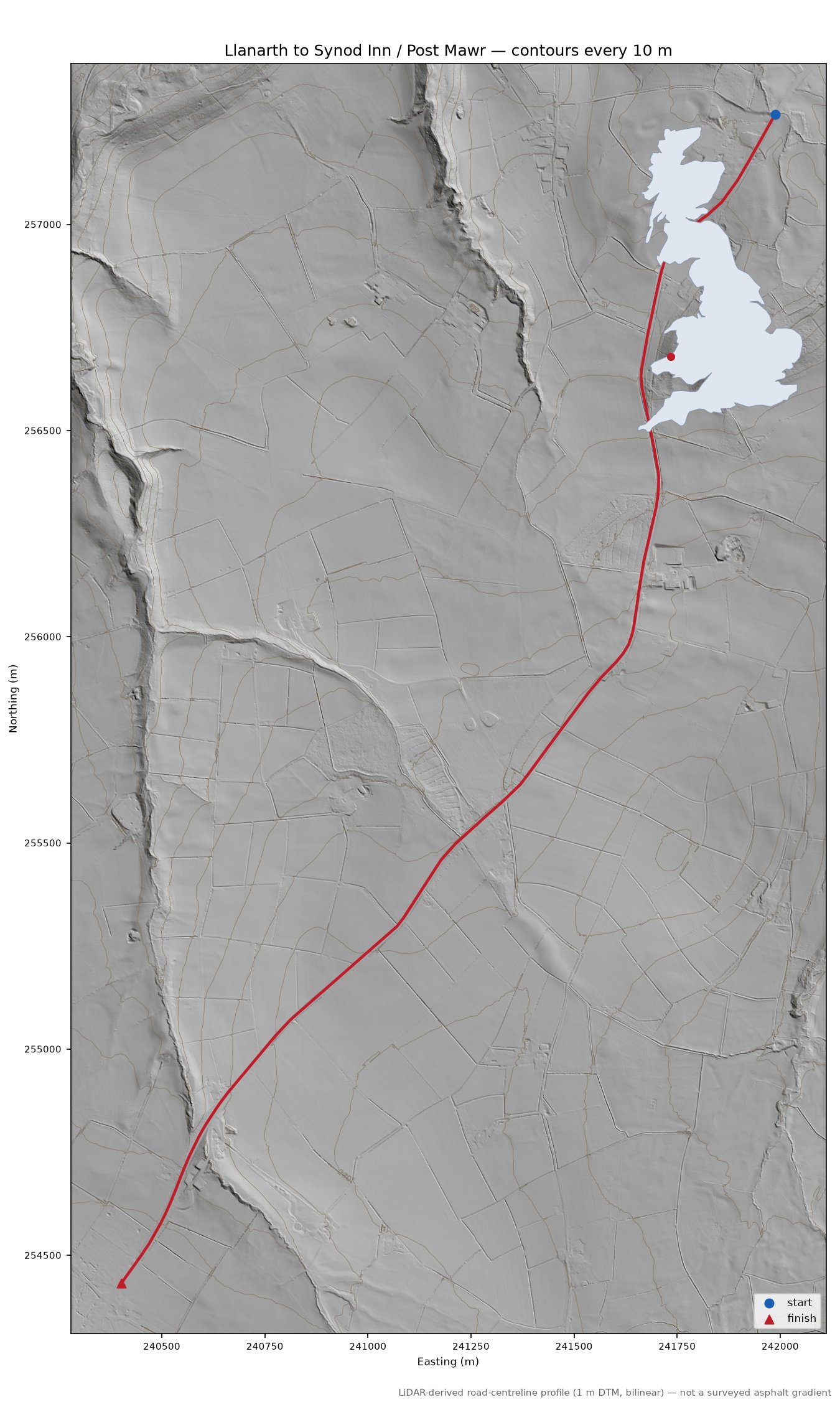 Llanarth to Synod Inn / Post Mawr LiDAR hillshade map with contours