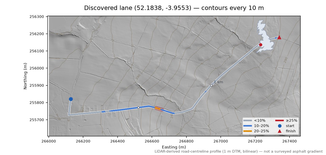 Discovered lane (52.1838, -3.9553) LiDAR hillshade map with contours