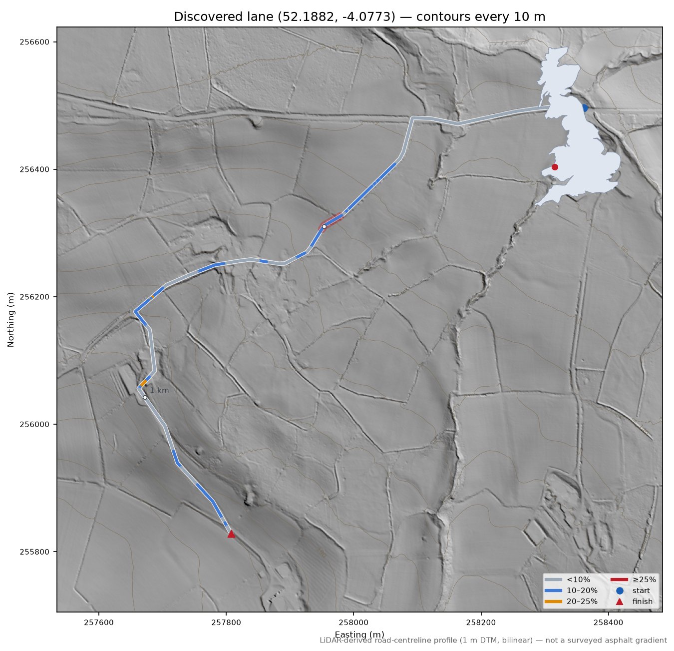 Discovered lane (52.1882, -4.0773) LiDAR hillshade map with contours