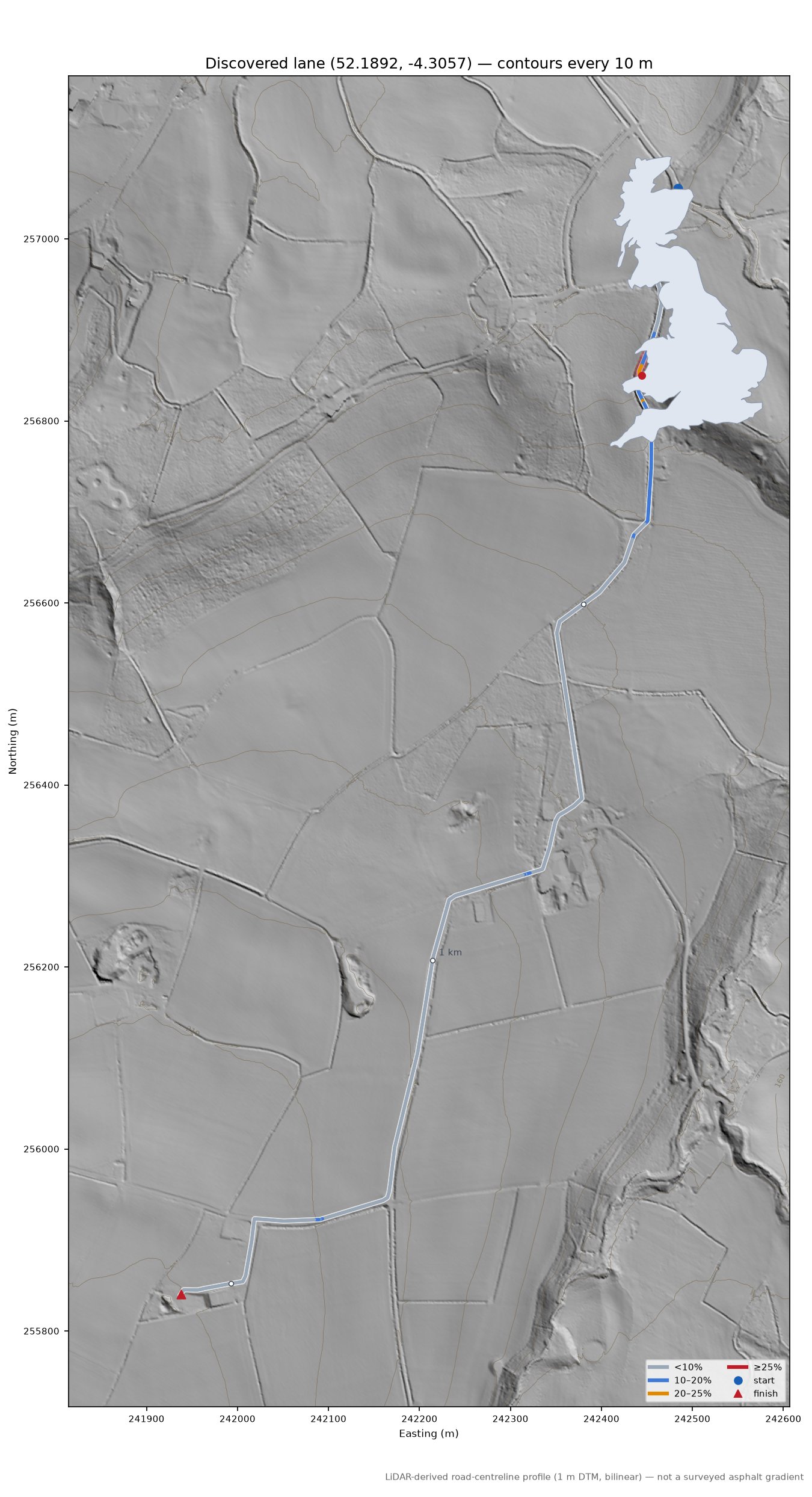 Discovered lane (52.1892, -4.3057) LiDAR hillshade map with contours