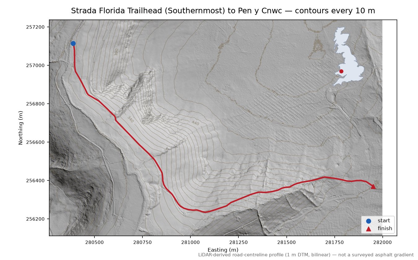 Strada Florida Trailhead (Southernmost) to Pen y Cnwc LiDAR hillshade map with contours