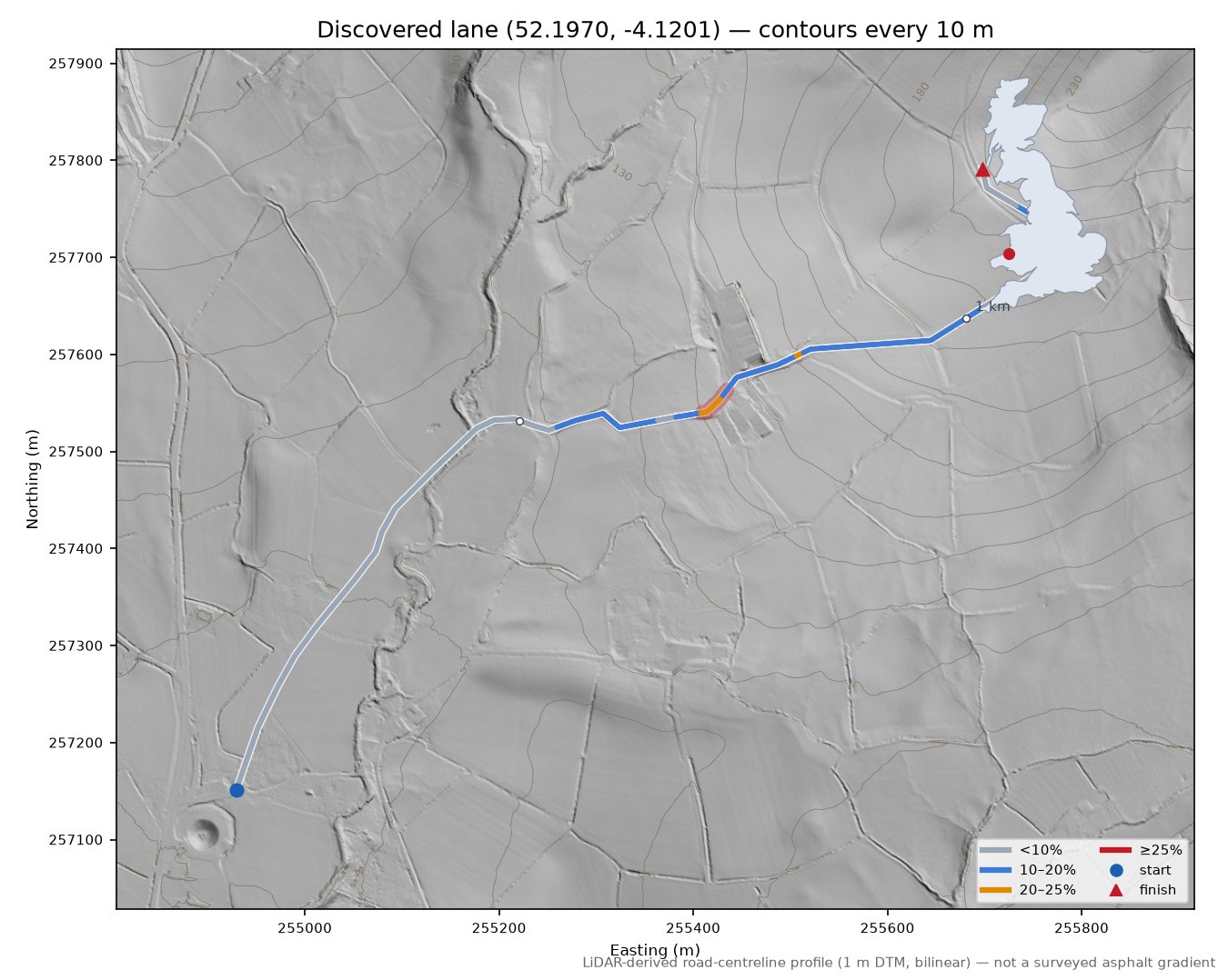 Discovered lane (52.1970, -4.1201) LiDAR hillshade map with contours