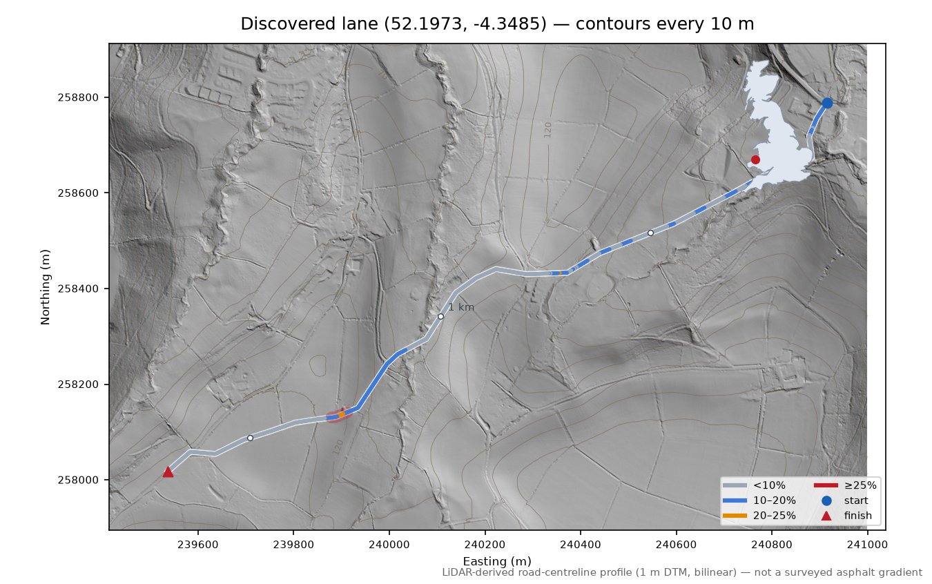 Discovered lane (52.1973, -4.3485) LiDAR hillshade map with contours