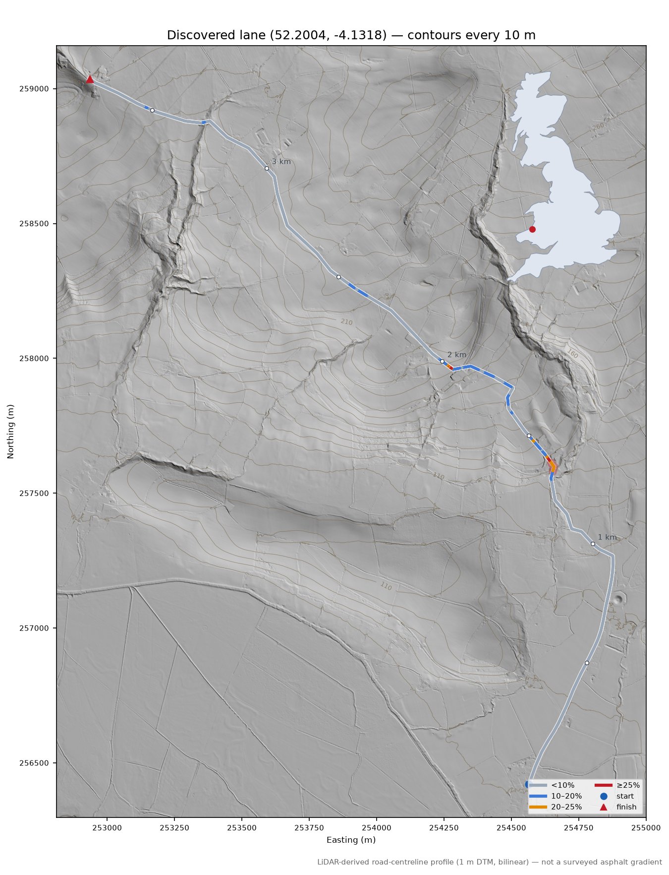 Discovered lane (52.2004, -4.1318) LiDAR hillshade map with contours