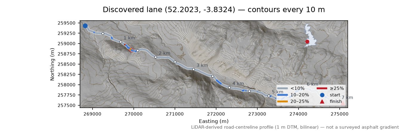 Discovered lane (52.2023, -3.8324) LiDAR hillshade map with contours
