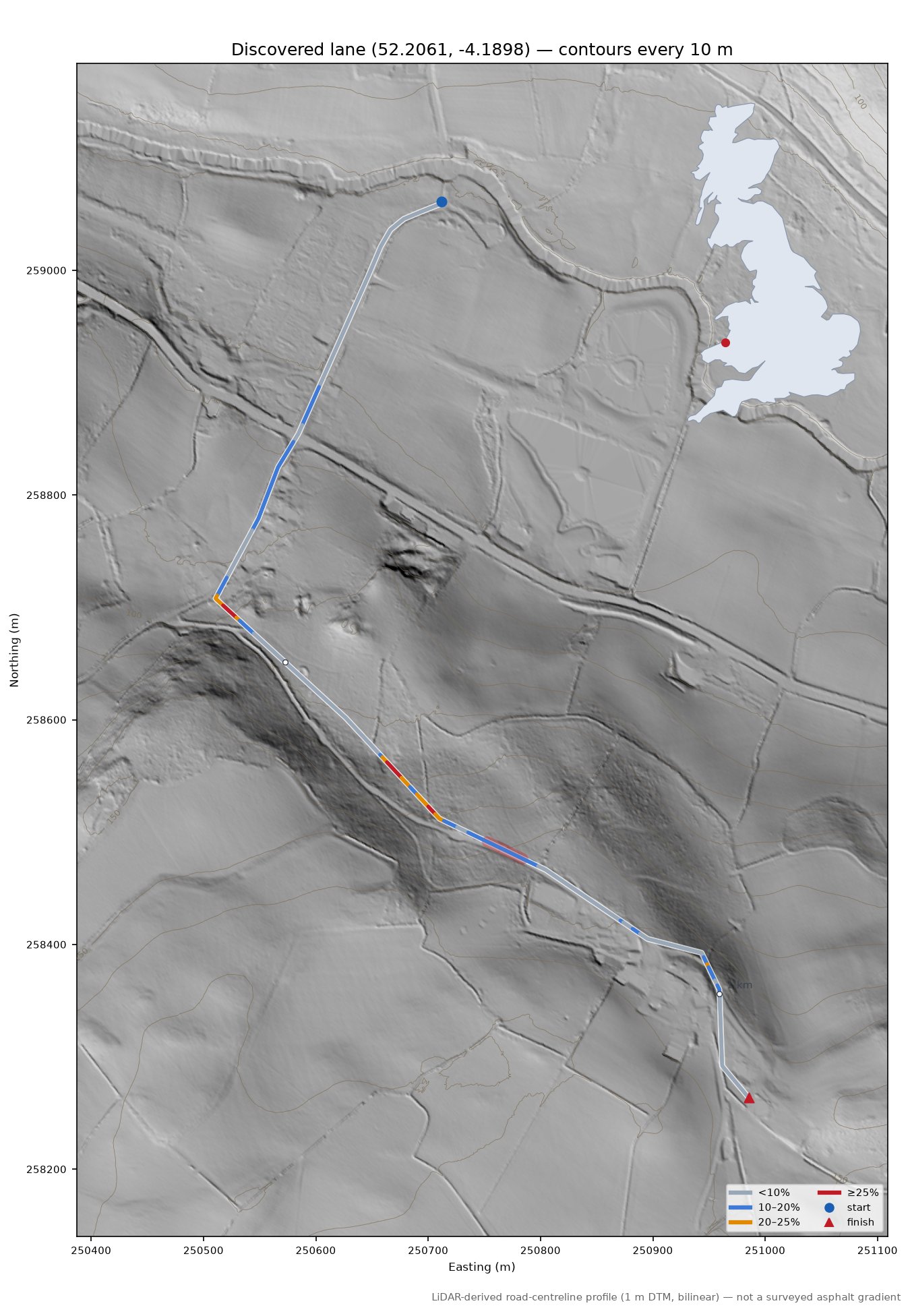 Discovered lane (52.2061, -4.1898) LiDAR hillshade map with contours