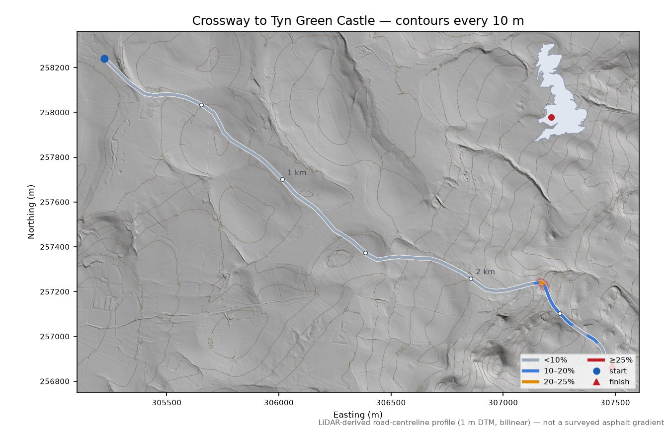 Crossway to Tyn Green Castle LiDAR hillshade map with contours
