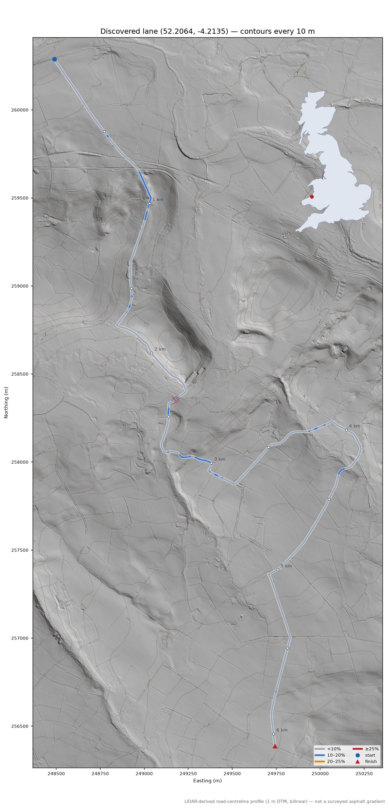 Discovered lane (52.2064, -4.2135) LiDAR hillshade map with contours