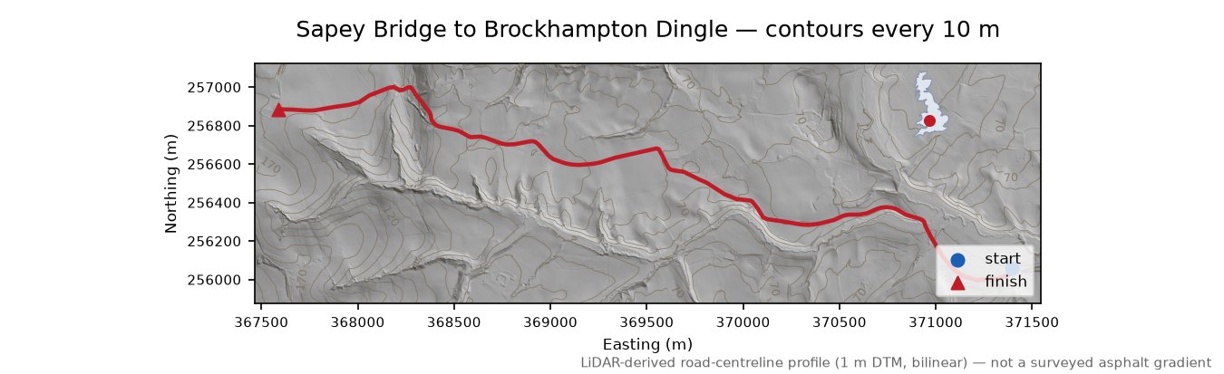 Sapey Bridge to Brockhampton Dingle LiDAR hillshade map with contours