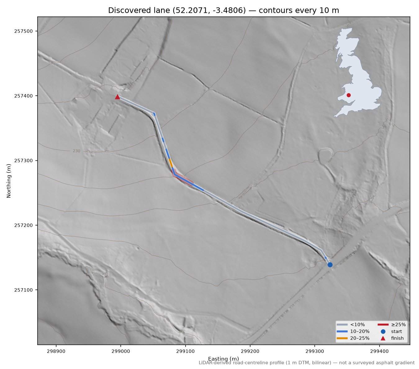Discovered lane (52.2071, -3.4806) LiDAR hillshade map with contours
