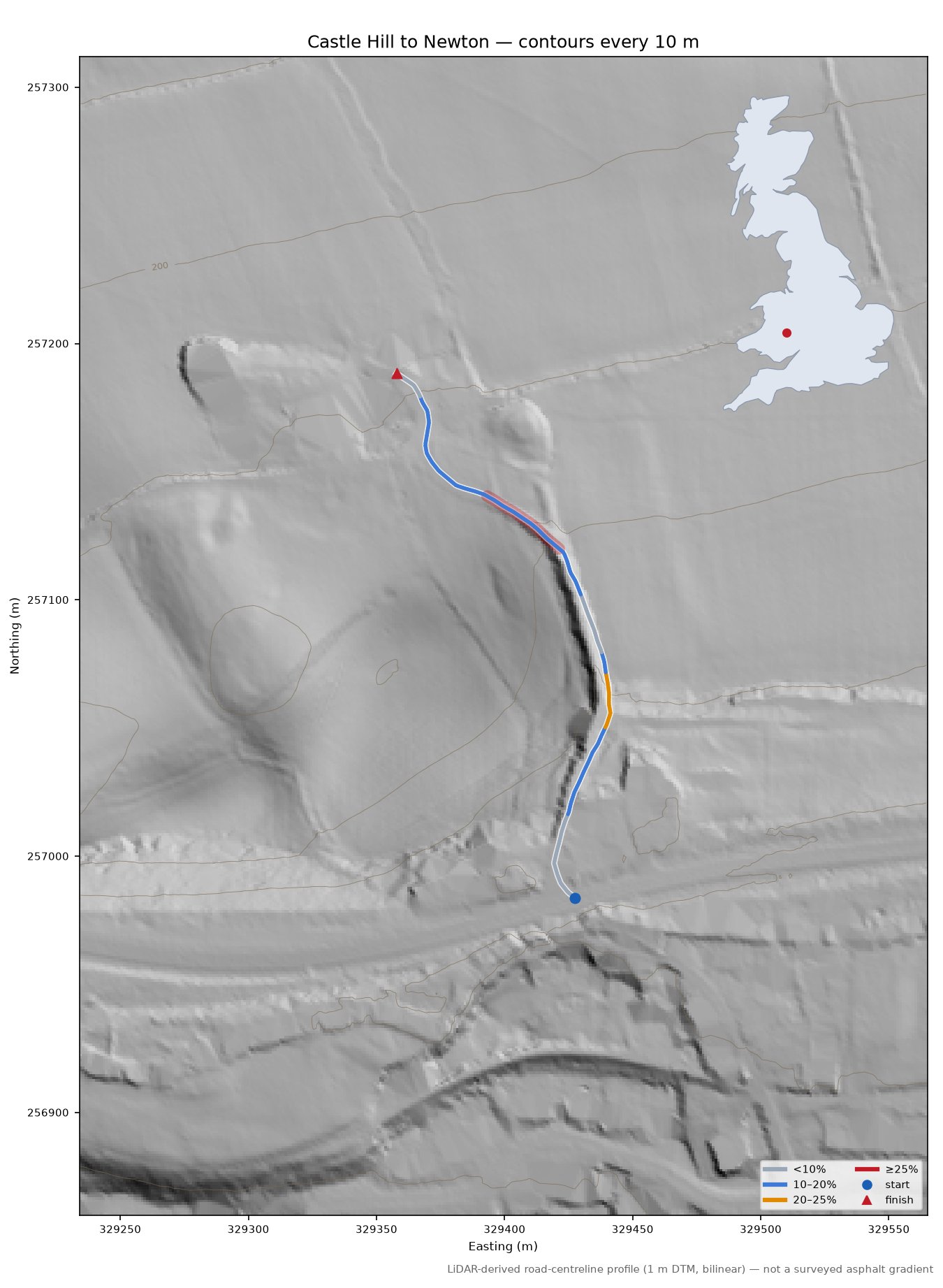 Castle Hill to Newton LiDAR hillshade map with contours