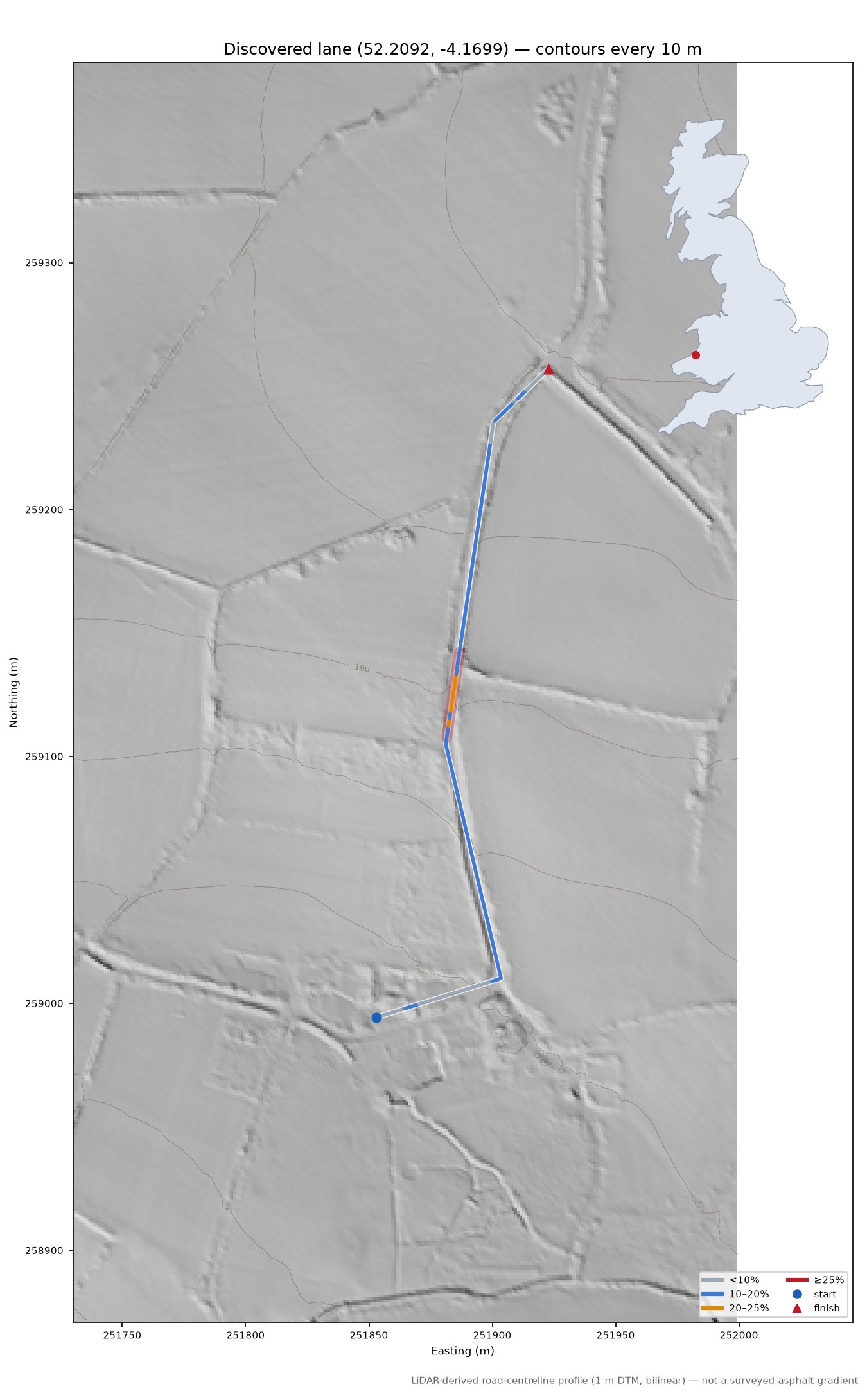 Discovered lane (52.2092, -4.1699) LiDAR hillshade map with contours