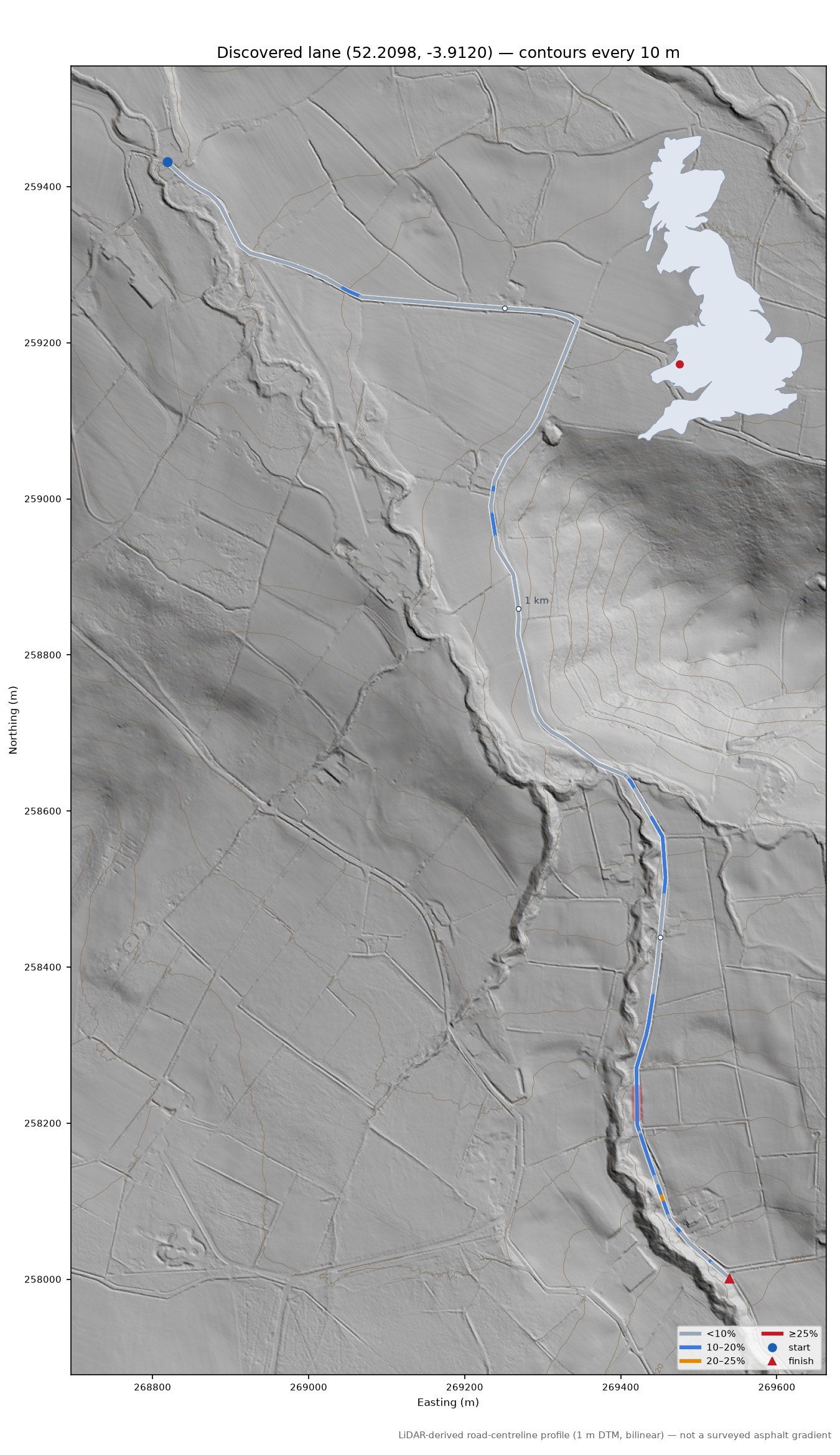 Discovered lane (52.2098, -3.9120) LiDAR hillshade map with contours